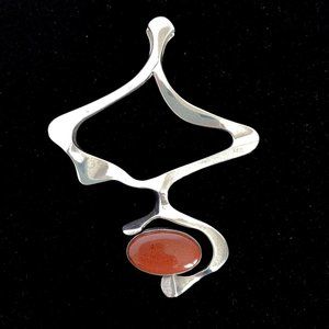 Vintage Signed Fretz Sterling Silver Modernist Abstract Jasper Cabochon Pendant